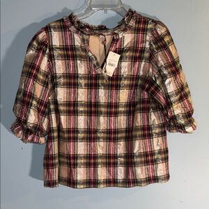 Pink Blue Metallic Plaid Ruffle Sleeve Top size medium
